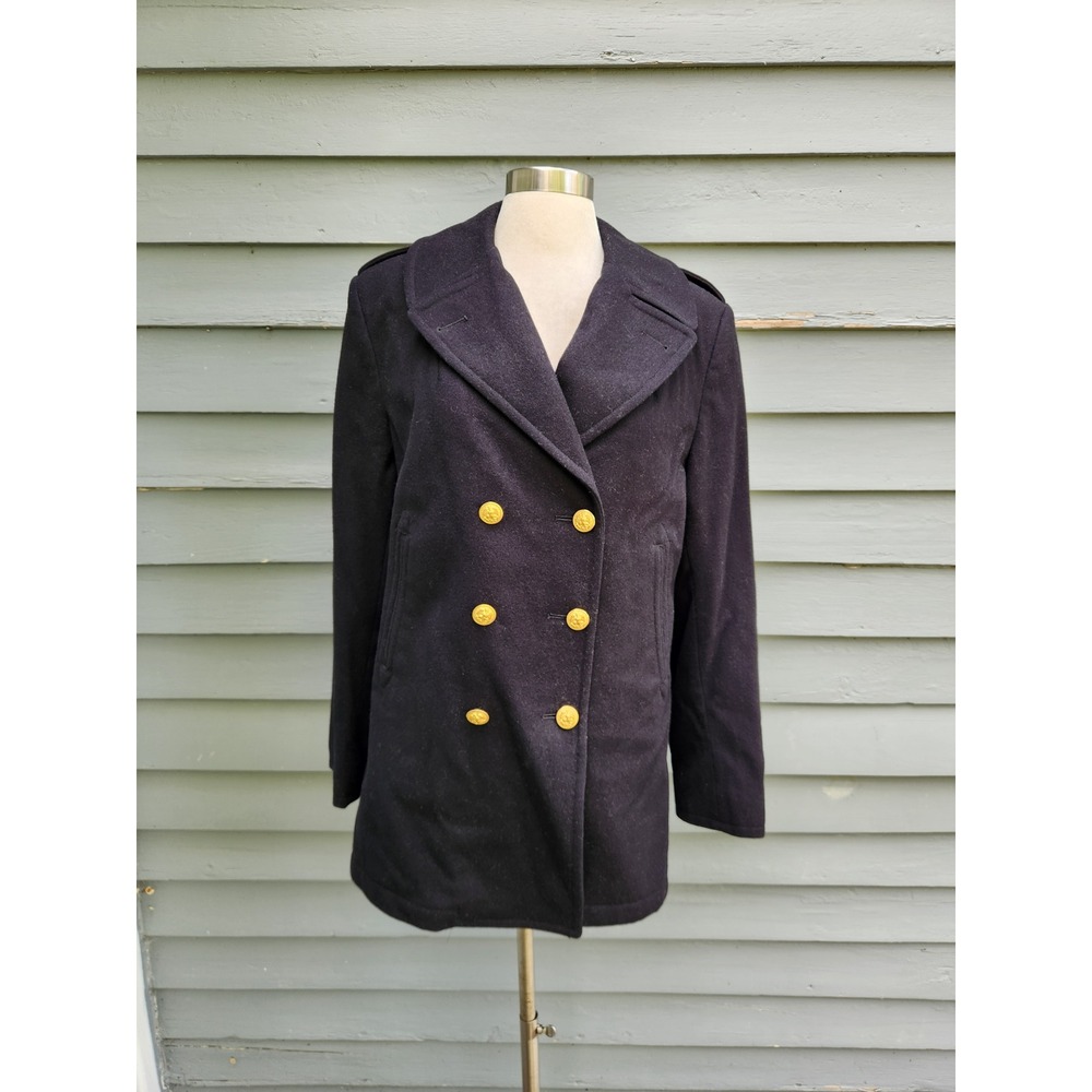 Vintage 70s Military Style Pea Coat Black Wool Gold Eagle Crest Buttons 12L
